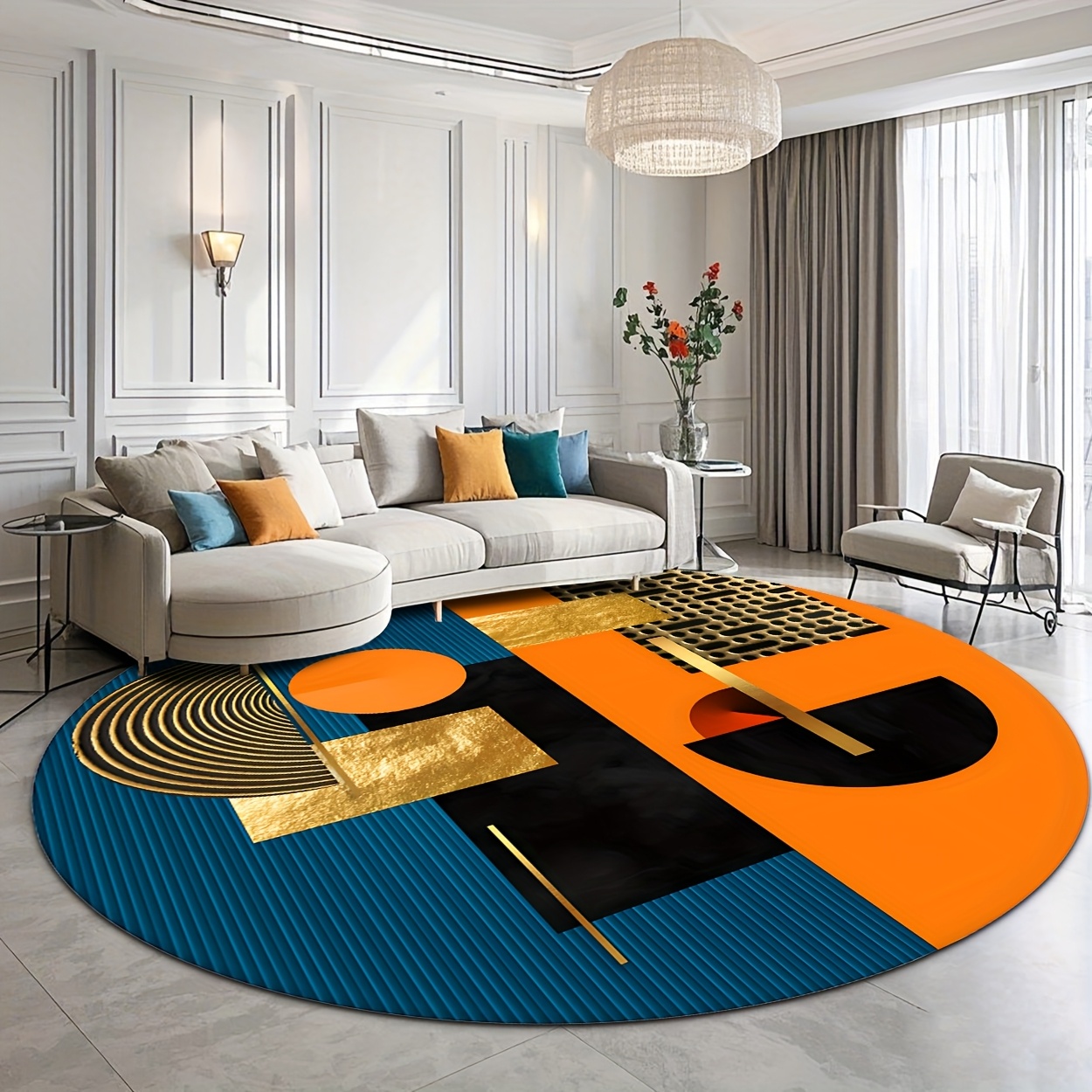 Interior Design Gold - Turuncu Mavi Altın Soyut Geometrik Lüks
